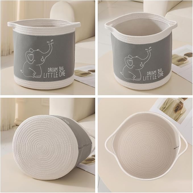 Toy Basket for Baby Laundry Hamper Blanket Baskets Cute Elephant Nursery Hampers Toy Storage Basket, Woven Cotton Rope Nursery Organization Bins For Girls Boys Kids Baby Shower Gifts Baskets