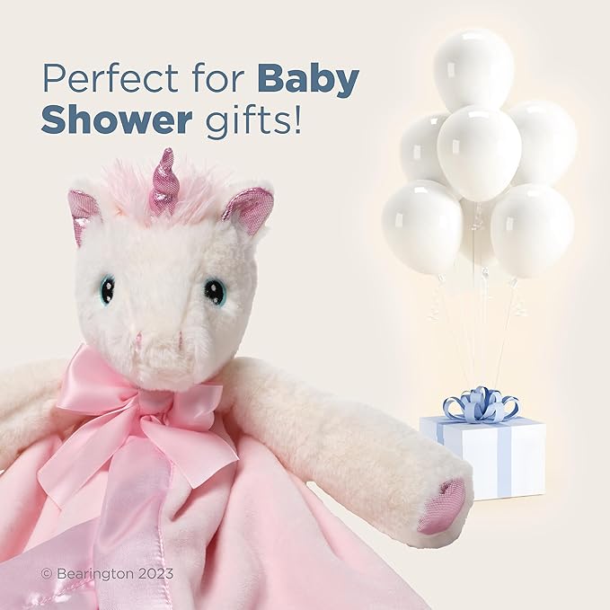 Bearington Baby Dreamer Snuggler - 15 Inch White and Pink Unicorn Plush Stuffed Animal Security Blanket Lovey for Babies - Plush Blanket