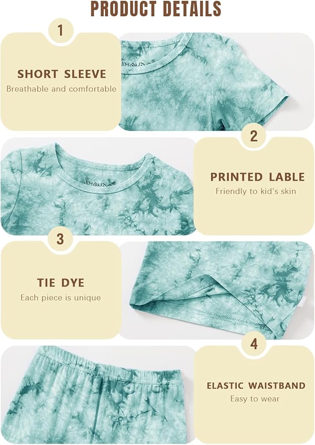 Jimonda Kids Soft Rayon From Bamboo Sleepwear Short Sleeve Boys Girls Pajama Outdoor 4-Piece tops&shorts Casual sets Tie PJ