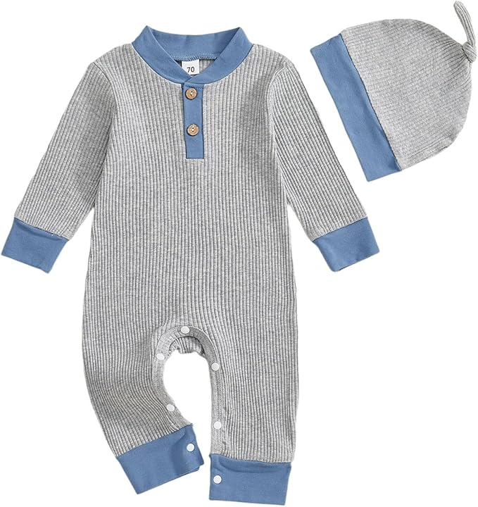 fhutpw Newborn Baby Boy Clothes Ribbed Knit Bodysuit 3 6 Months Infant Fall Long Sleeve Splicing Color Romper Jumpsuit & Hat