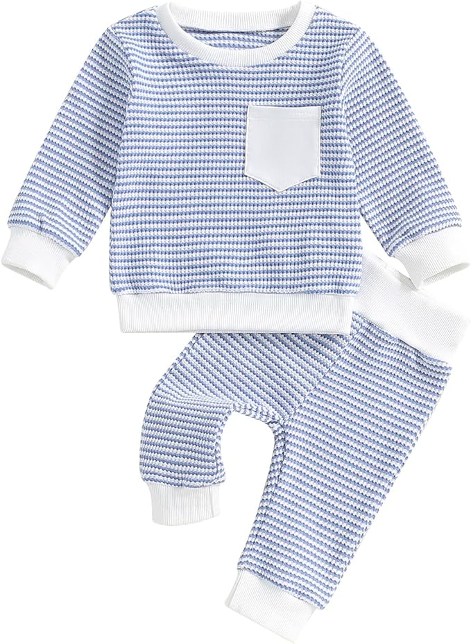 Baby Boy Toddler Fall Outfit Striped Sweatshirt Toddler Boy Winter Waffle Clothes 3 6 12 18 Months 2 3 T Pant Set