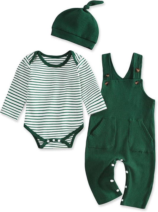 oklady Baby Boy Clothes Stripe Pattern Print Romper Top and Baby Overalls with Hat 0-18 Months Baby Boy Outfits