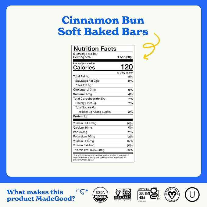 MadeGood Mornings Soft Baked Breakfast Bars, Cinnamon Bun 1.06 Oz (30 Count) Gluten Free Snacks