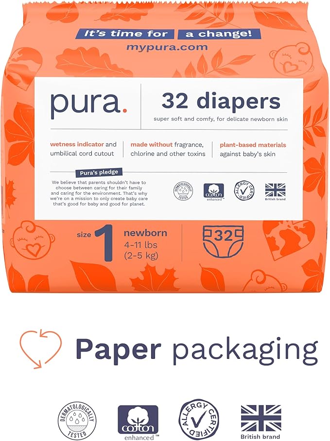 Pura Hypoallergenic Diapers, Size 1 (4-11 lbs), Newborn, Totally Chlorine Free, Wetness Indicator, Suitable for Sensitive Skin, Soft Organic Cotton Comfort, Overnight, 1 Pack of 32 Baby Diapers