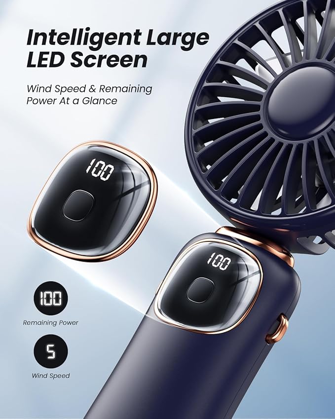 coldSky Portable Handheld Fan, 4000mAh Battery Operated Fan with LED Display, Handheld/Neck/Desk 3 in 1 Personal Small Fans, 90° Foldable Desk Fan with Base, 5 Speed Makeup Lash Fan for Women Blue