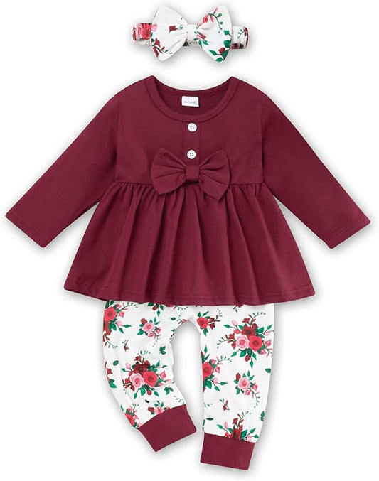 oklady Toddler Baby Girl Clothes Solid Color Ruffle Tops Floral Pants with Headband Fall Winter Cute Girl Outfits