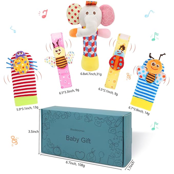 Wrist Rattles Foot Finder Rattle Toy for 3-6 Months Baby, Feet Leg Ankle Socks Arm Hand Bracelet Shaker for 6-9 Months Infant boy & Girl, Gift Set for 0-2 Years Newborn Babies (5 pcs-C)