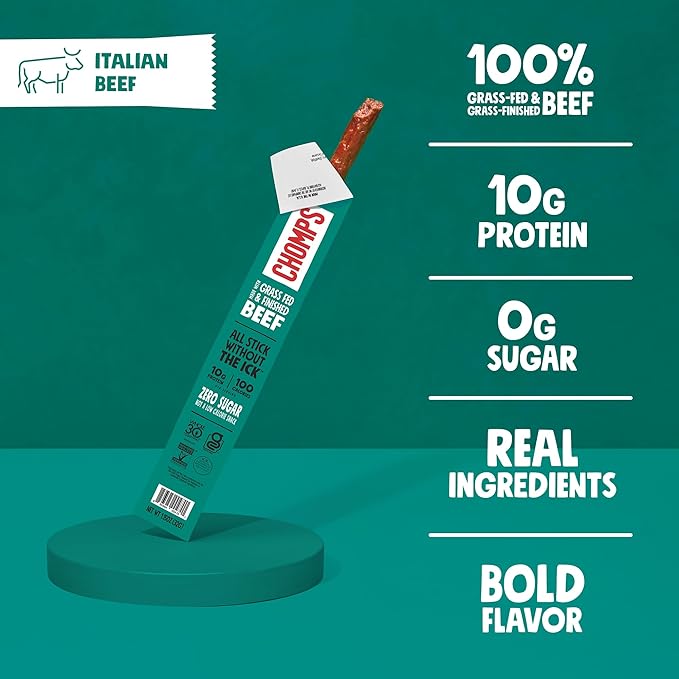 CHOMPS Grass Fed Italian Style Beef Jerky Snack Sticks, Keto, Whole30, Paleo, Gluten Free, Sugar Free, Low Carb, AIP Diet Compliant, 100 Calories,1.15 Oz, Pack of 24