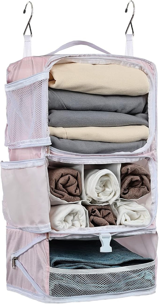 TABITORA Travel Portable Hanging Shelves Closet Organizer Packing Luggage Storage with Multifunctional and Foldable Invisible Compartment,Lightweight, for Suitcase, RV,Closet…Pink,XL