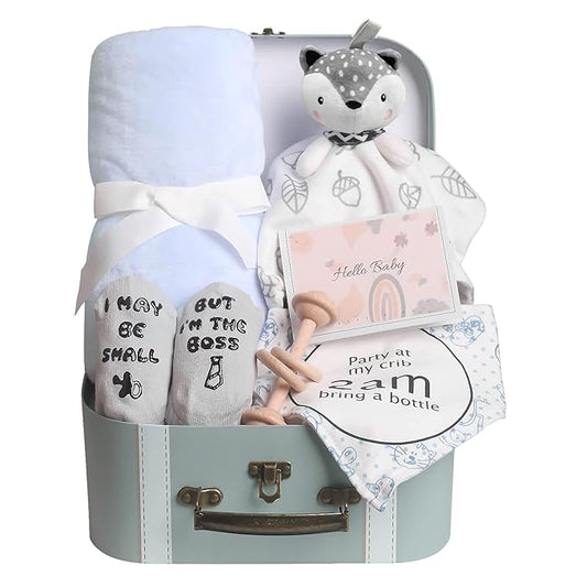 Baby Shower Gifts, Baby Boy Gifts Basket Includes Newborn Blanket Baby Lovey Security Blanket, Funny Baby Bibs Socks & Greeting Card - Baby Gift Set Newborn Shower Basket for Boys