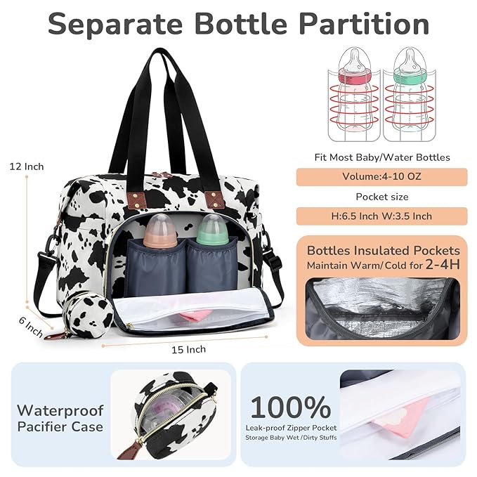 Diaper Bag Tote, Baby Bag Travel Diaper Tote Bag with Pacifier Case, Cute Maternity Hospital Baby Stylish Diaper Tote for Mom Dad Medium Size, Cow Print