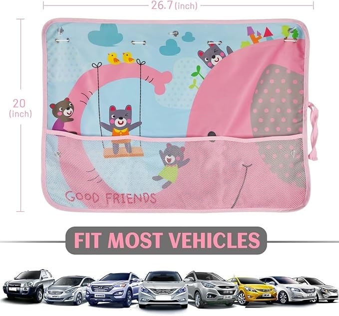Car Sun Shade for Window Baby, 2 Pack Full Shade Window Shades with Storage Net Pocket, 7 Suction Cups, Cute Elephant for Sun/Heat/UV Rays Protection, Kids