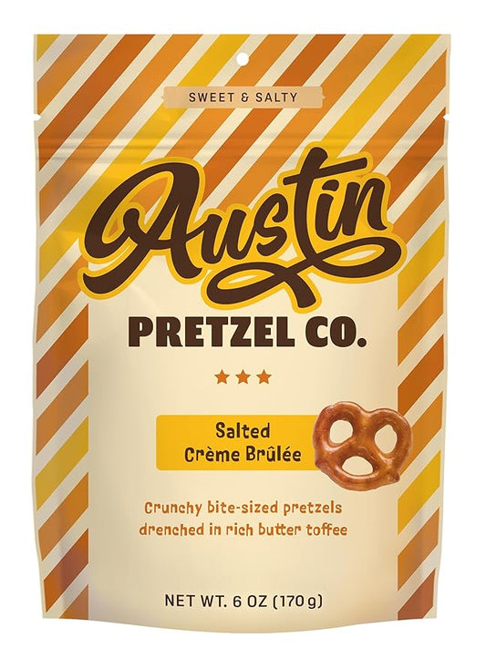 Salted Crème Brûlée Pretzels – 6 Oz Sweet & Salty Toffee Bite-Sized Snacks Packed with Rich Custard Flavor & Caramelized Toffee Coating – Crunchy, Snacky, Perfect for Anytime Snacking