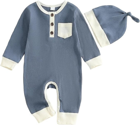 fhutpw Newborn Baby Boy Clothes Ribbed Knit Bodysuit 3 6 Months Infant Fall Long Sleeve Splicing Color Romper Jumpsuit & Hat