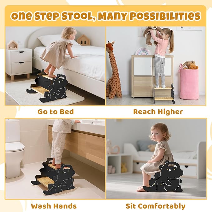 COSYLAND 2 Step Stool for Kids – Height Adjustable Non-Slip Toddler Stepping Stool for Bathroom Sink & Potty Training - Dinosaur Shaped Kids Stool for Kitchen, Bedroom & Home (Natural & Grey)