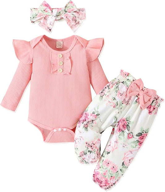GDTOGRT Baby Girl Clothes Newborn Infant Outfits Ruffle Romper+ Floral Pants + Cute Headband Sets for Girls