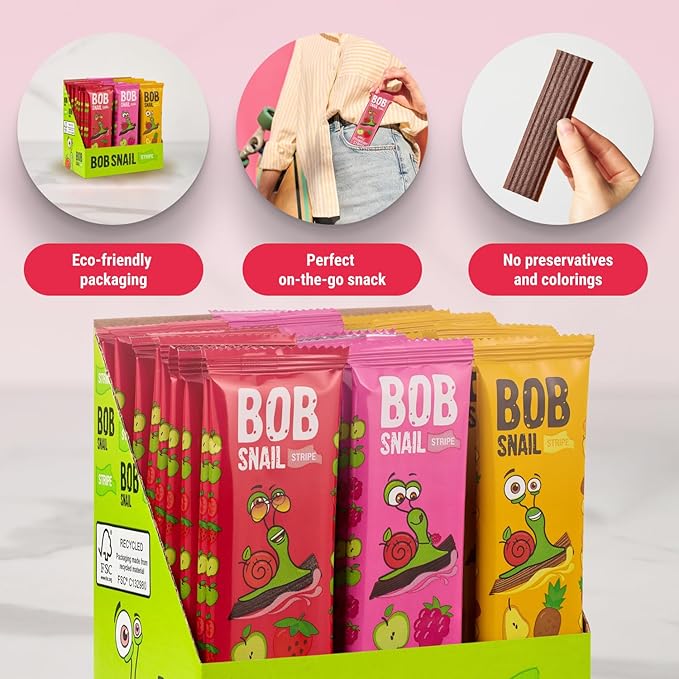 BOB SNAIL Healthy Organic Fruit Snacks for Kids and Adults – 30 Organic Fruit Leather Snacks with Strawberry, Raspberry, Pineapple – Vegan Low-Carb Variety Pack Strips for Kids – Sugar Free Jerky Bars