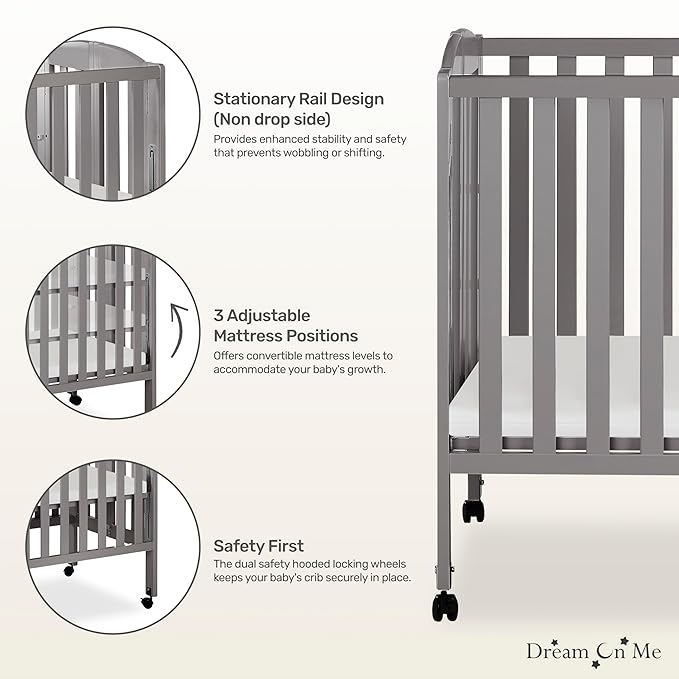 Dream On Me 3 in 1 Portable Folding Stationary Side Crib in Steel Grey, Greenguard Gold Certified, Safety Wheels with Locking Casters, Convertible, 3 Mattress Heights