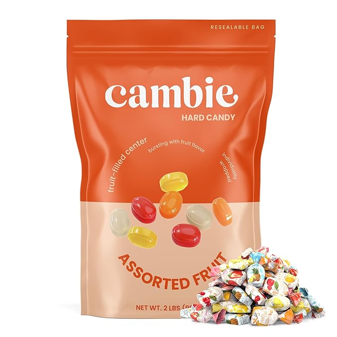Assorted Fruit Hard Candy Individually Wrapped by Cambie, 2 lbs of Fruit Candy with a Deliciously Sweet Hard Exterior with a Soft, Decadent Filled Center