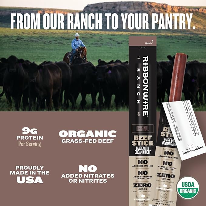 Ribbonwire Ranch Beef Sticks, Made with Organic Beef, Pasture Raised, High Protein Snack, Healthy, Low Carb, Keto Friendly, Gluten Free, Nitrate Free, On the Go, 1 Oz Sticks, Original Flavor, 24 Pack