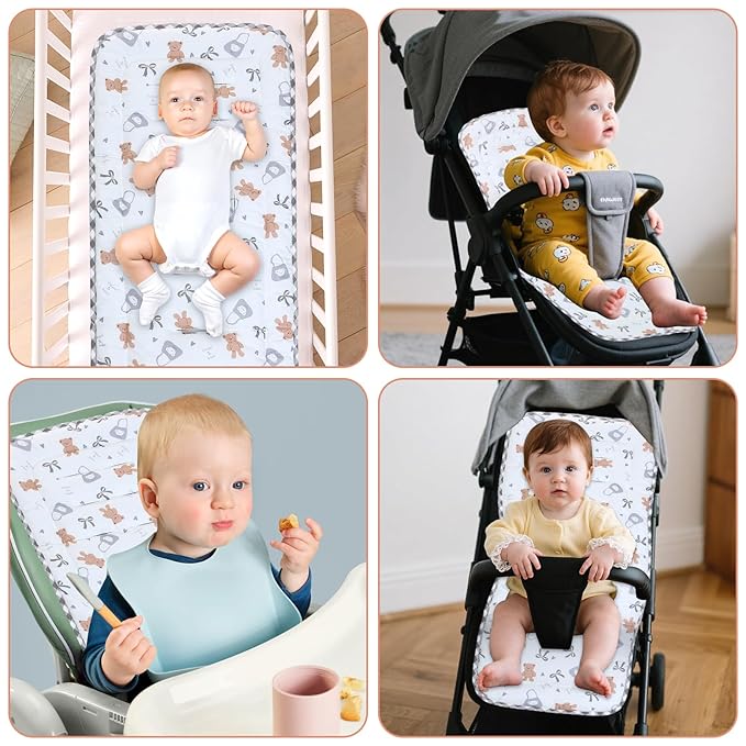 Baby Stroller Cushion,Infant Car Seat Insert-Reversible Universal Breathable and Soft Newborn Stroller Mat,100% Cotton Cover Toddler Seat Pad Liner-34x78cm,1 Pack(Butter Bear+Gray Plaid)