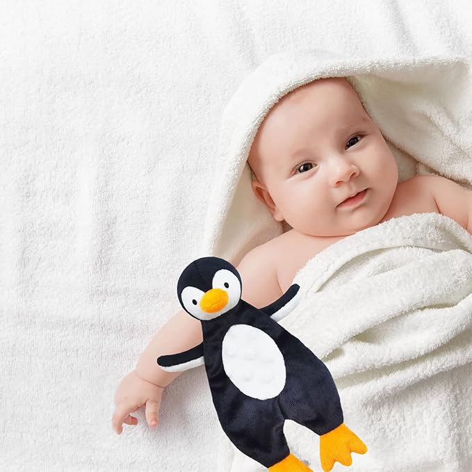 Baby Black Penguin Soft Stuffed Animal Security Blanket, Plush Penguin Character Lovey Blanket, Baby Shower/Nursery Gift, Newborn Infant Toddler Snuggle Blankie for Boys Girls, 10 Inches