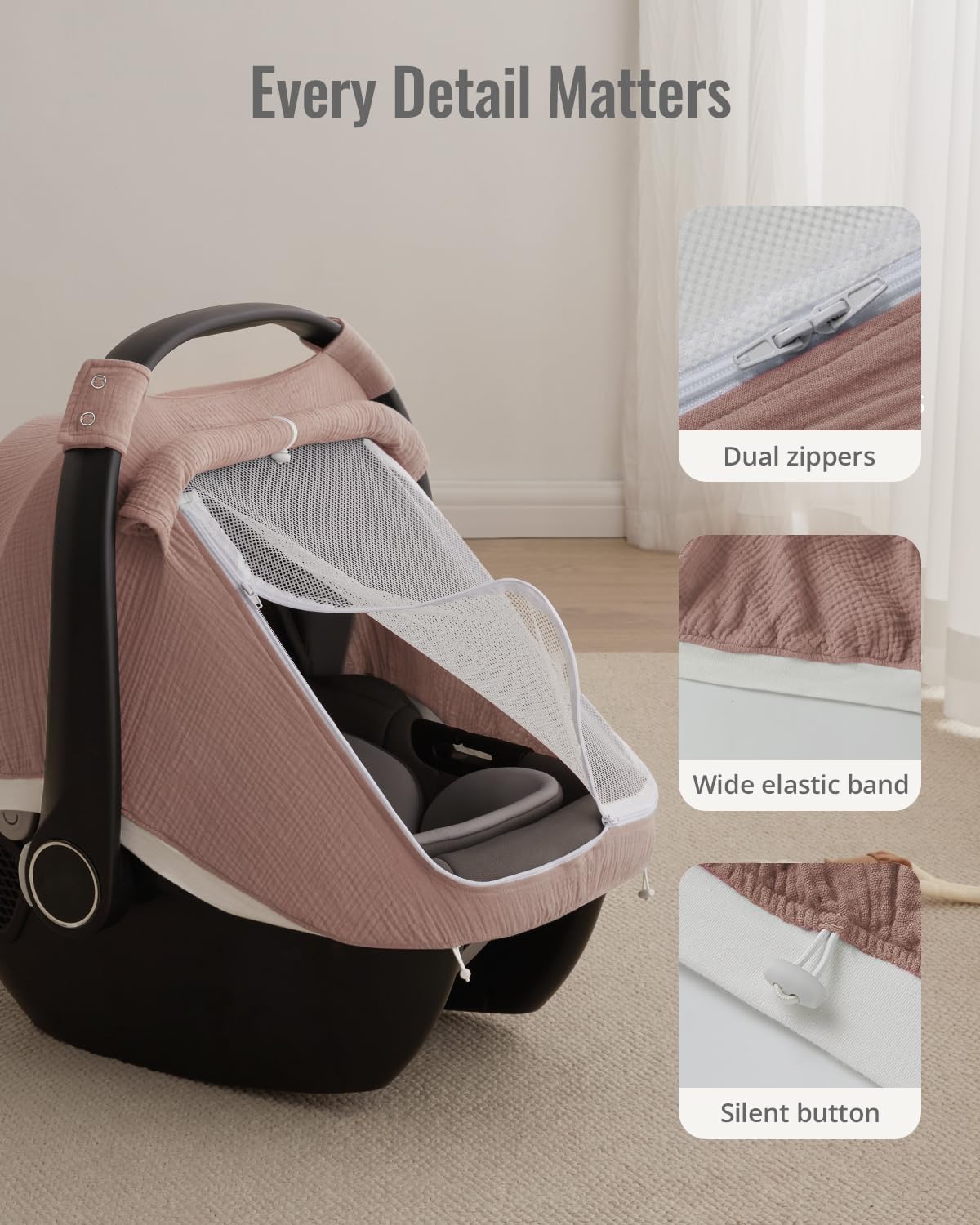 Blissful Diary Baby Car Seat Cover, Extra Large Mesh Window, Breathable Muslin Cotton, Infant Windproof Canopy, Must-Have Baby Gift - Roman Green