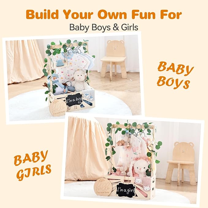 8 In 1 Wooden Baby Shower Crate Closet, Baby Basket with Handle Footprint Kit for Baby Shower Gifts, Baby Shower Wooden Gift Crate, Baby Personailzed Basket for Pregnancy New Parent