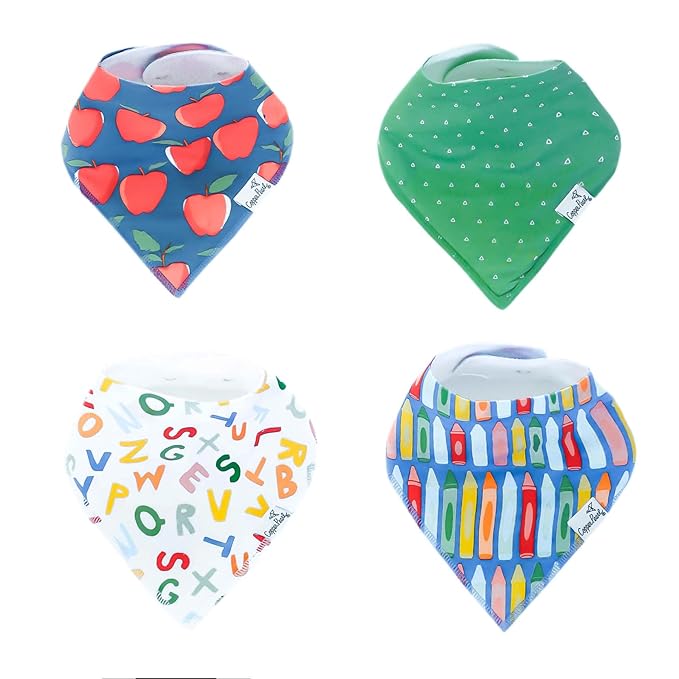 Copper Pearl 4 Pack Soft Cotton Baby Bibs for Drooling and Teething, Absorbent Drool Bibs for Baby Girl and Boy, Adjustable to Fit Newborns to Toddlers, Tons of Styles (Teacher)