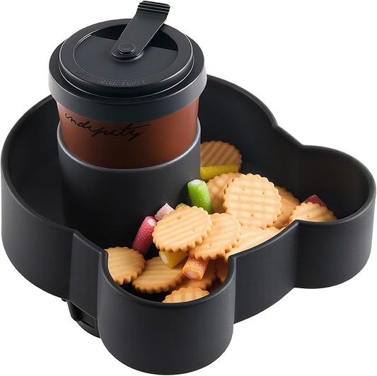 LEORAY Car Seat Snack Tray Silicone with Deeper Cup Holder, Food Tray for Kids Toddler Travel with 2 Different Size Adapters, Fits Most Car Seat and Other Seats with Cup Holders (Black)