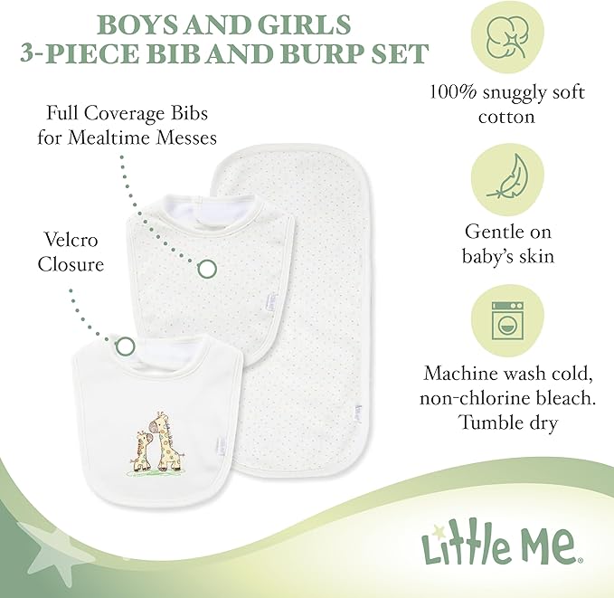 Little Me Clothes for Baby Boys’ and Girls’ 2 Bibs and 1 Burp Cloth Set, Soft Cotton Feeding Essentials with Velcro Closures