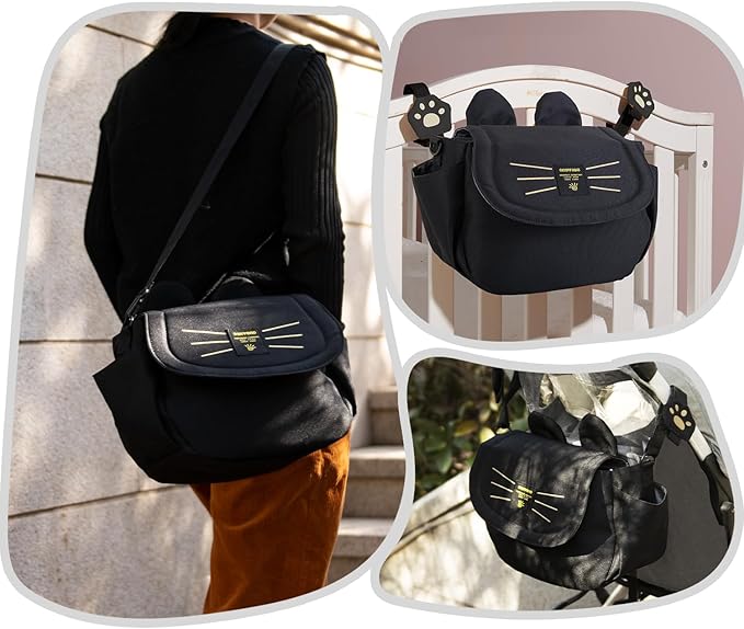 SUNVENO Kitty Stroller Organizer Bag – Universal Baby Stroller Caddy with 2 Cup Holders, Adjustable Straps, Waterproof Oxford, Lightweight Travel Accessory for Strollers, Prams & Pushchairs,Black