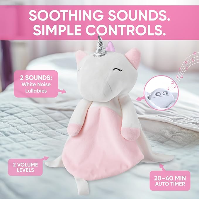 Love By Emi Baby Music Lovey Pink & White Unicorn, Baby Sleep Soother for Crib & Cuddle Bedtime, White Noise with Heartbeat & Lullaby, Plush Sound Toy, Stuffed Animal for Newborns, Infants & Toddlers