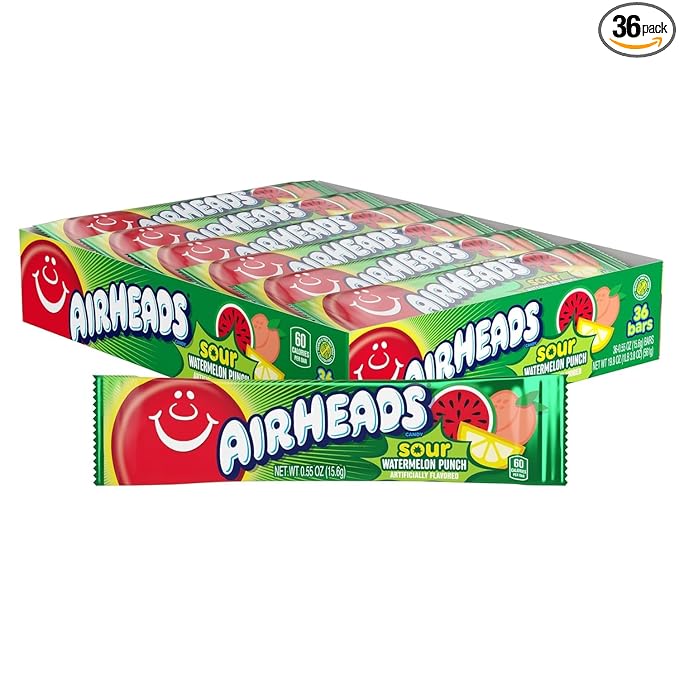 Airheads Sour Mini Halloween Trick or Treat Taffy Candy Bars, Watermelon Punch Flavored, Individually Wrapped Candy for Adults & Kids, Treat Bags & Party Favors, 36 Bars