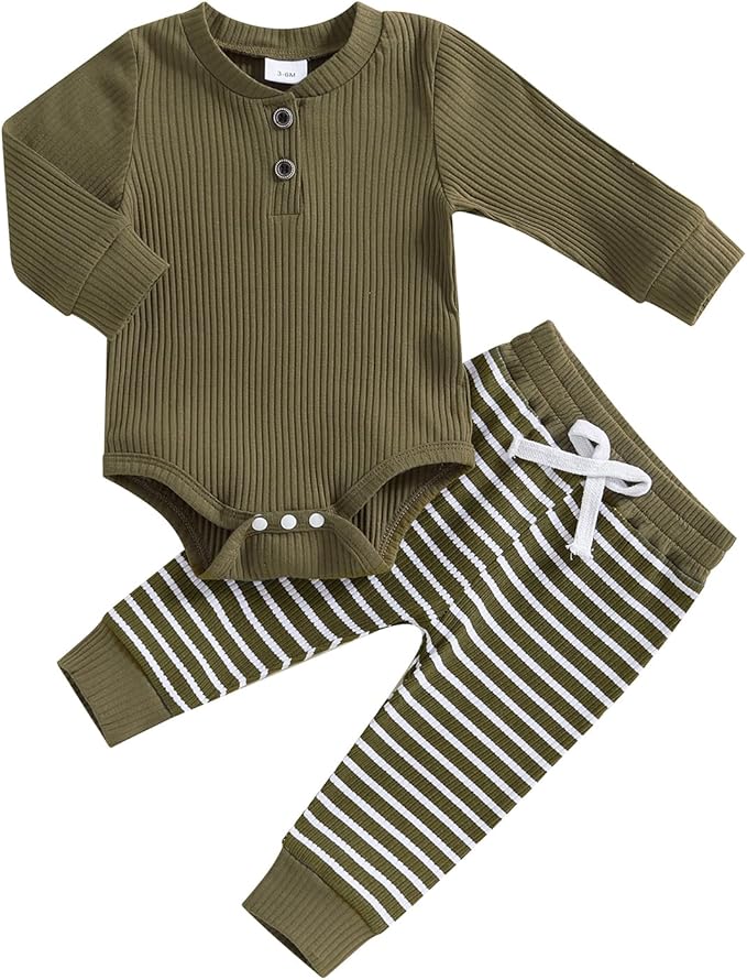 Newborn Baby Boy Girl Clothes Ribbed Knitted Long Sleeve Romper Pants Solid Cotton Infant Fall Winter Outfits 2Pcs