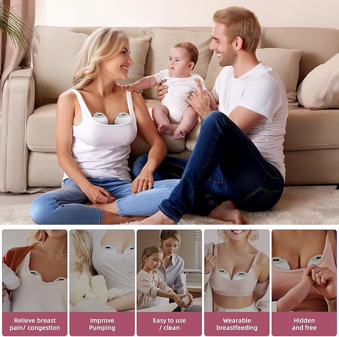 Wearable Breast Feeding Pump Portable, Electric Breast Pump Hands Free with 4 Modes &12 Levels,Strong Suction, LED Display, 24mm Sealed Flange,2 Pack (Grey)
