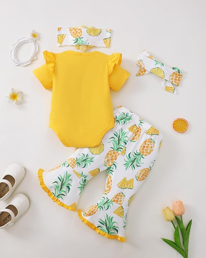 SUNNY PIGGY Newborn Baby Girl Clothes Infant Outfits Romper Floral Fall Outfit Bell Bottoms Pant Sets Hat Headband Flowerpant