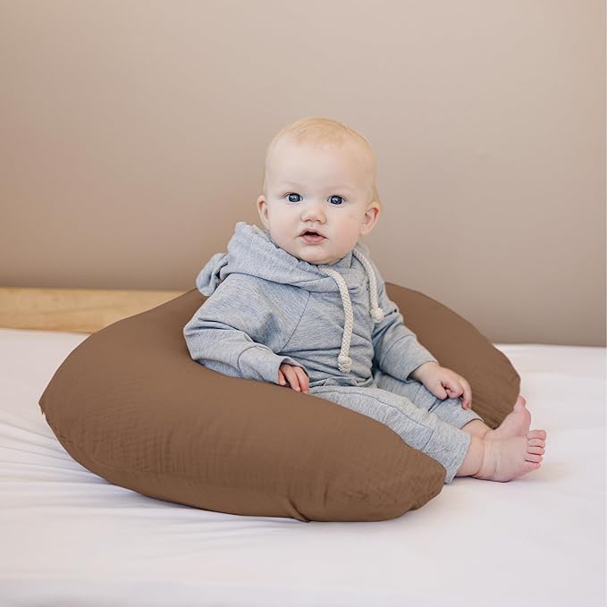 Konssy Muslin Nursing Pillow Covers, Soft and Cute Nursing Covers for Breastfeeding Pillows, Ideal for Newborn Baby Boys and Girls (Coffee, Sun) - 2 Pack