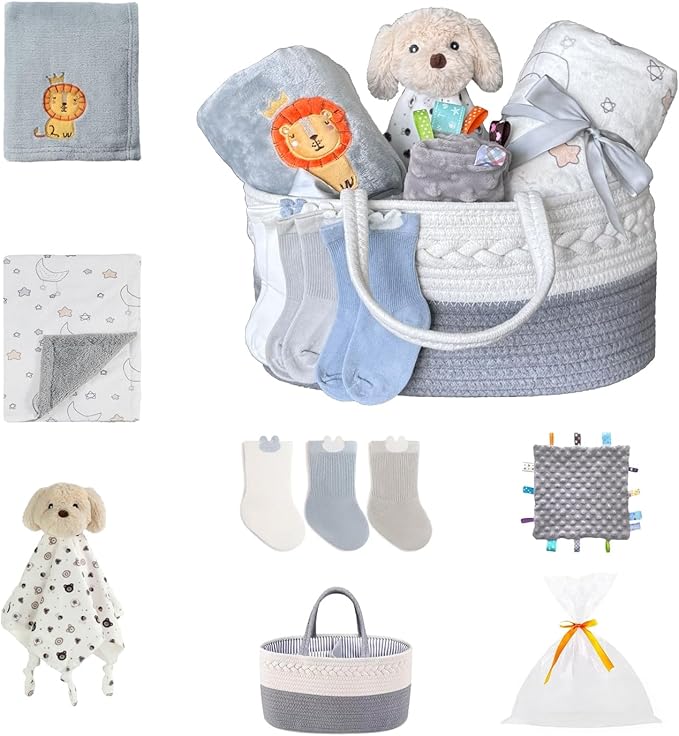 CREVENT Gift Set for Newborns -Diaper Caddy Organizer Basket with 2 Blankets, 1 Taggie, 1 Lovey, 3 Socks，1 Gift Bag with Ribbon - Welcome Essential Baby Shower (Neutral