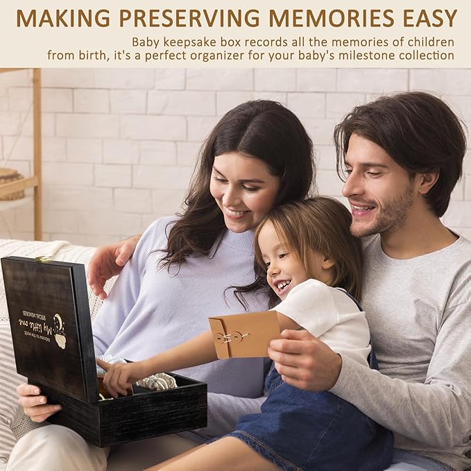 Baby Keepsake Box Wooden with 6 Additional Items - Baby Shower Gifts for Girls Boys New Mom, Newborn Essentials Must Haves Memory Box with Tooth Fairy Tooth Holder, Engraved with Guidelines, Large