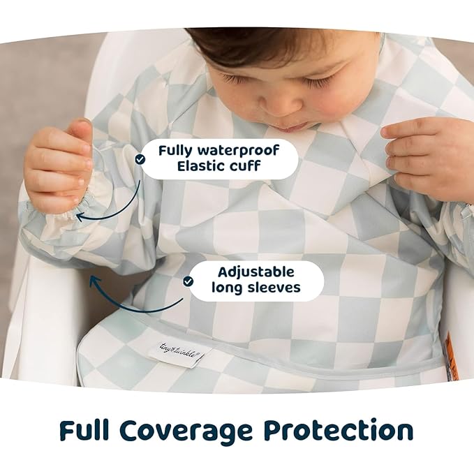 Tiny Twinkle Long Sleeve Bibs for Babies & Toddlers – 2 Pack Waterproof Smock Bibs for Eating – Machine Washable & Mess-Proof, Perfect Baby Feeding Essential & Shower Gift (Gingham,Grid,6-24M)