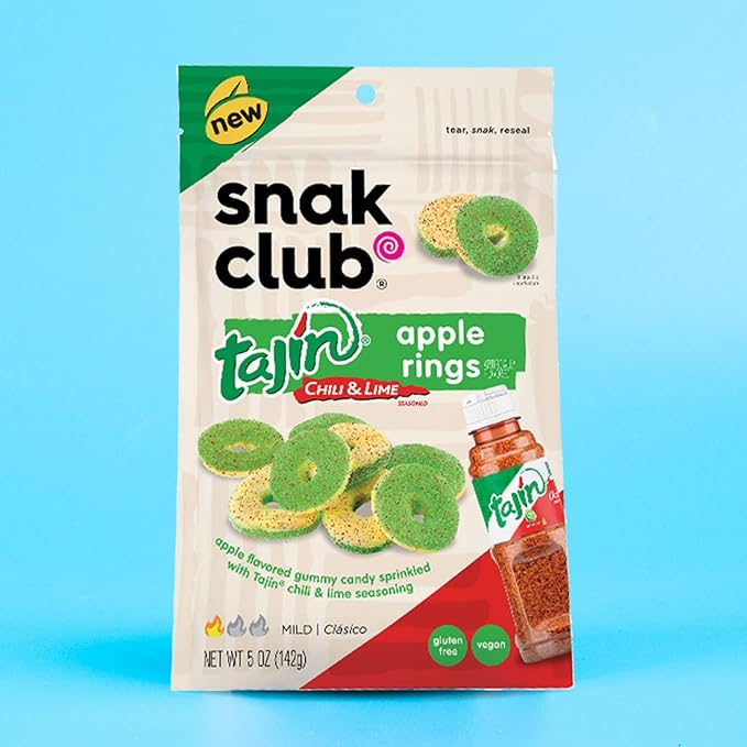 Snak Club Tajin Apple Rings, Sweet & Tasty Gummy Snacks, 11oz Family Size, Resealable Bag, 6 Count