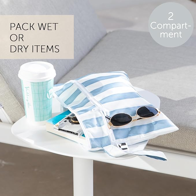 Roamio Waterproof Wet Dry Clutch Bag for Baby, Travel, Swim Suit, Cloth Diapers, Pump Parts, Pool, Gym Clothes, Toiletry, Hook to Stroller, Pack for Daycare, Zip Bag, Packing Pouch, Nautical Stripe