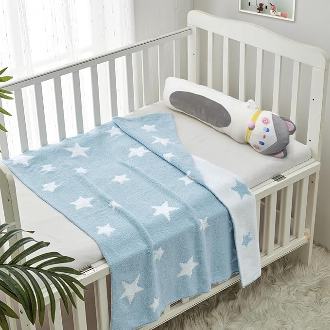 CREVENT 30"X40" Cozy Soft Warm Chenille Baby Blanket for Girls Boys, Newborn Essentials for Infant, Baby Shower Receiving Gift - Blue Star