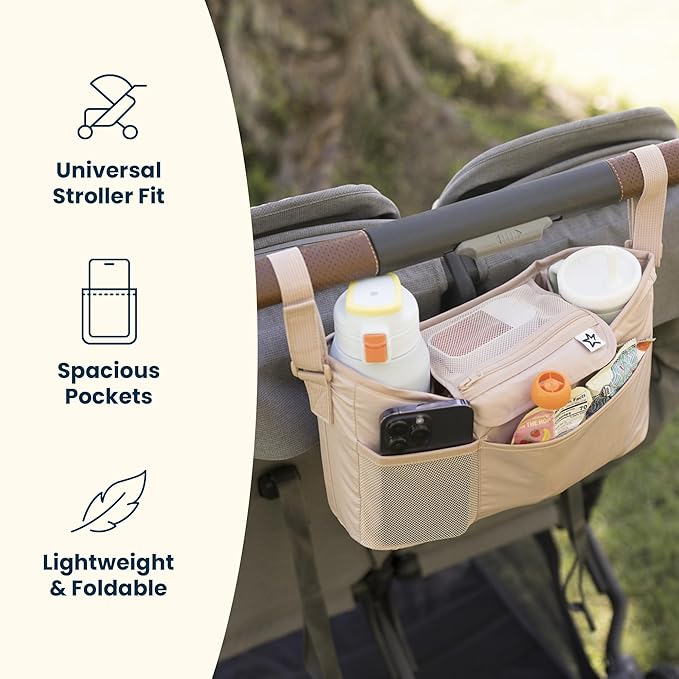 Tiny Twinkle Universal Stroller Organizer with Adjustable Strap - Waterproof Stroller Caddy Fits Baby Jogger,Nuna,Graco,Donna and Bugaboo Strollers（Beige Checkers）