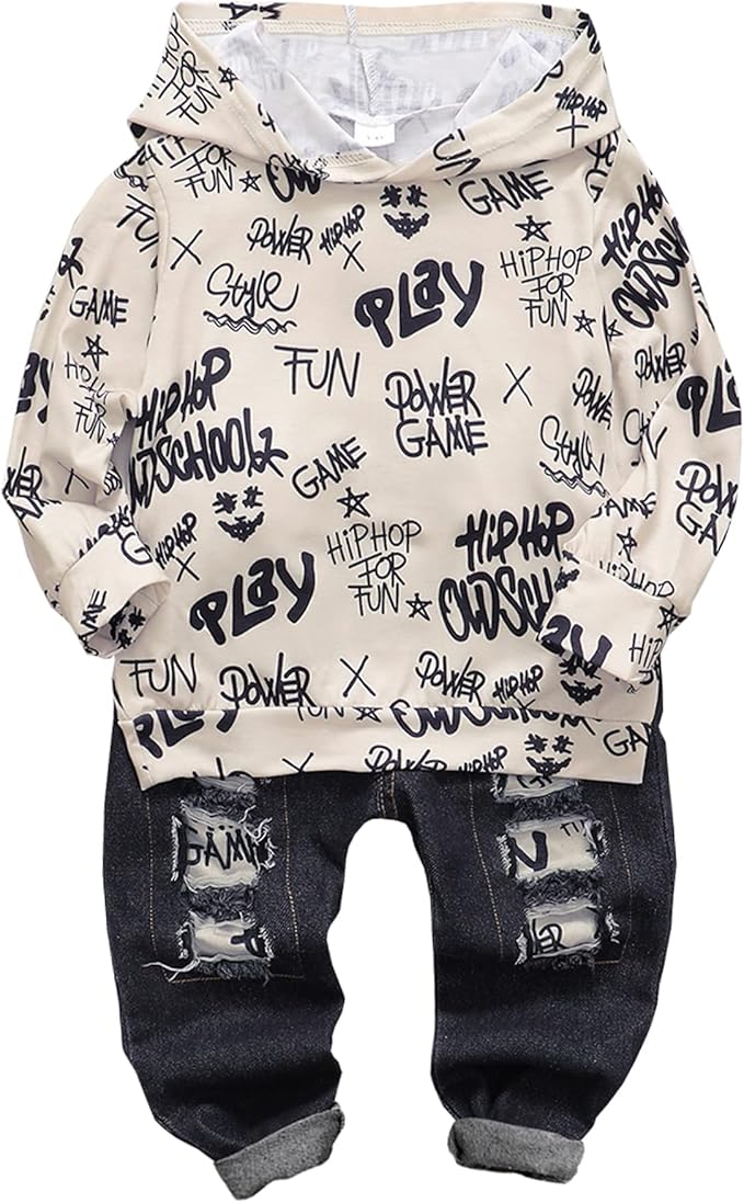 NZRVAWS Baby Boy Clothes Toddler Boy Outfit 2 3 4T 6 12 18 24 Month Fall Winter Hoodie Ripped Jeans Clothing