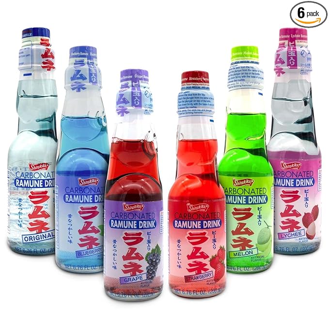 Shirakiku Ramune Japanese Soda Variety Pack | Japanese Marble Soda in Multiple Flavors | Original, Strawberry, Melon, Lychee, Grape, Blueberry - 6.76 fl oz Bottles - Pack of 6