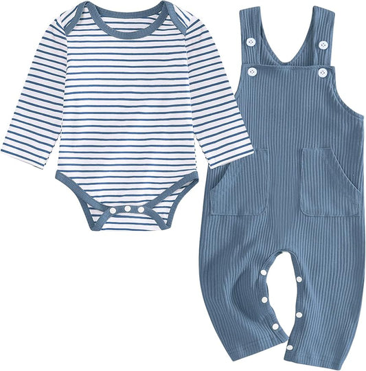 oklady Baby Boy Clothes Stripe Pattern Print Romper Top and Baby Overalls with Hat 0-18 Months Baby Boy Outfits