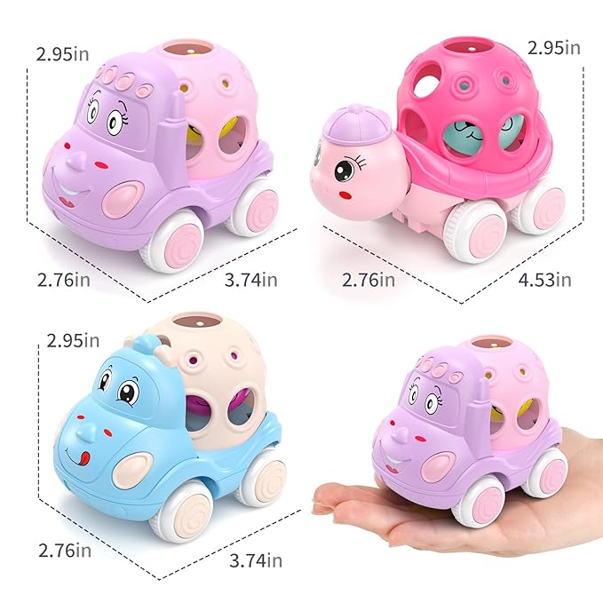 Baby Girl Toy Cars for Toddlers 1-3, Push and Go Rattle Cars for Baby Toy 6-9-12-18 Months, First Birthday Gifts for 1 2 Year Old Girls, Infant Pink Friction Truck Set