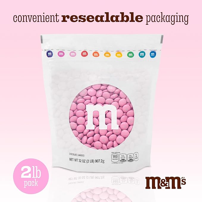 M&M’S WORLD Pink Milk Chocolate Candy 2lb Resealable Pack for Party Favors Decor Baby Shower Gender Reveal Valentines Day and Dessert Tables